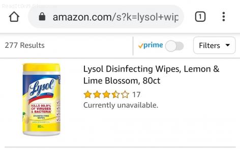 Amazon is out of Lysol disinfecting wipes due to COVID-19 outbreak